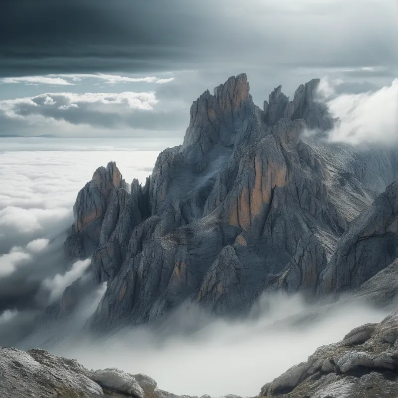 Jagged rock formations break through dense white mist under a dramatic overcast sky.
