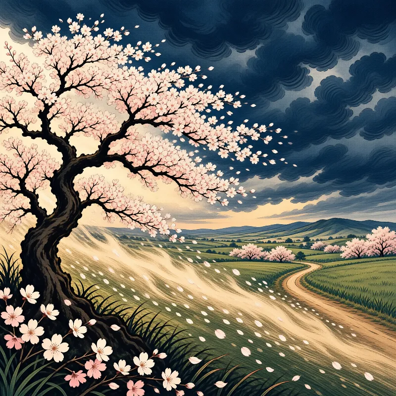 A dark cherry blossom tree leans right as pink petals scatter across a winding country path beneath dramatic rolling clouds and distant hills