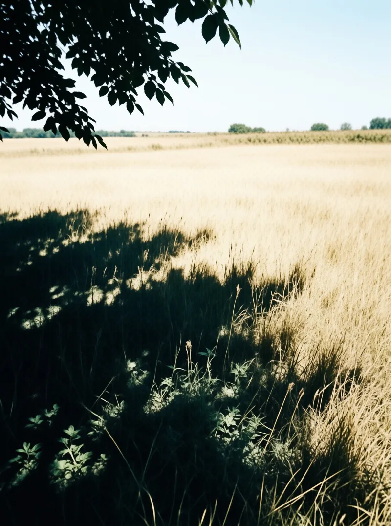 A wide expanse of dry golden wheat stretches toward the horizon where a few trees line the distance while a large dark shadow covers the foreground grass and leafy branches hang from the top left corner casting intricate patterns of light and darkness across the field.