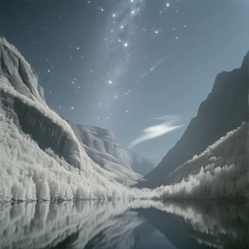 Frozen cliffs and dark pines mirror each other in a still river beneath a sky scattered with stars.