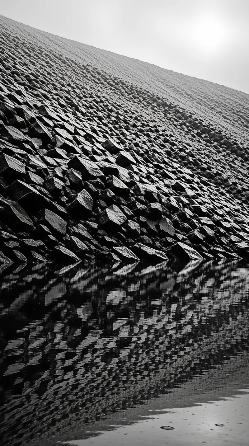 Rows of dark stone structures slope down toward the water creating a strong diagonal composition in monochrome tones.