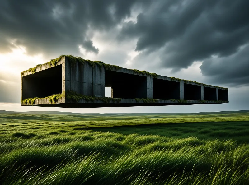 A massive moss-covered concrete frame hovers mid-air over a rolling green meadow beneath a dramatic cloudy sky.