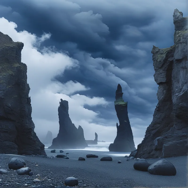 Dark volcanic cliffs and sea stacks frame a distant bay under a heavy overcast sky with smooth stones on the shore.