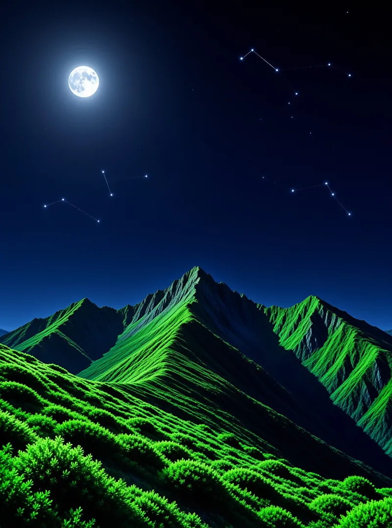 Several green covered peaks rise beneath a deep blue sky featuring a bright full moon and faint connecting star lines.