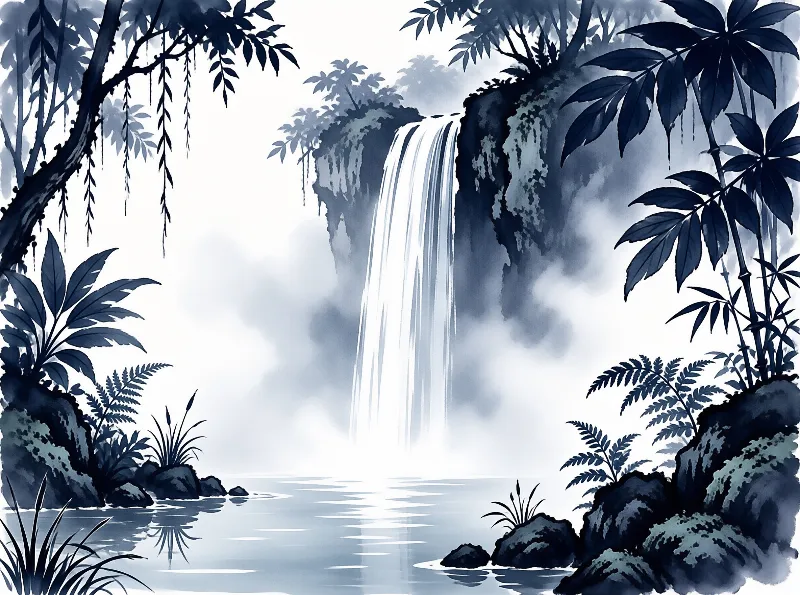 A monochromatic blue painting shows a tall waterfall pouring into a pool surrounded by dark leaves and rising mist.