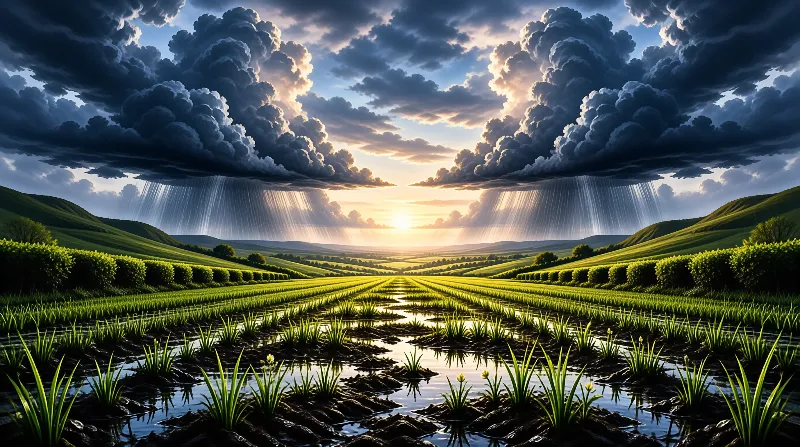 Green rice paddies stretch towards a bright horizon where sunlight breaks through dark storm clouds raining on both sides.