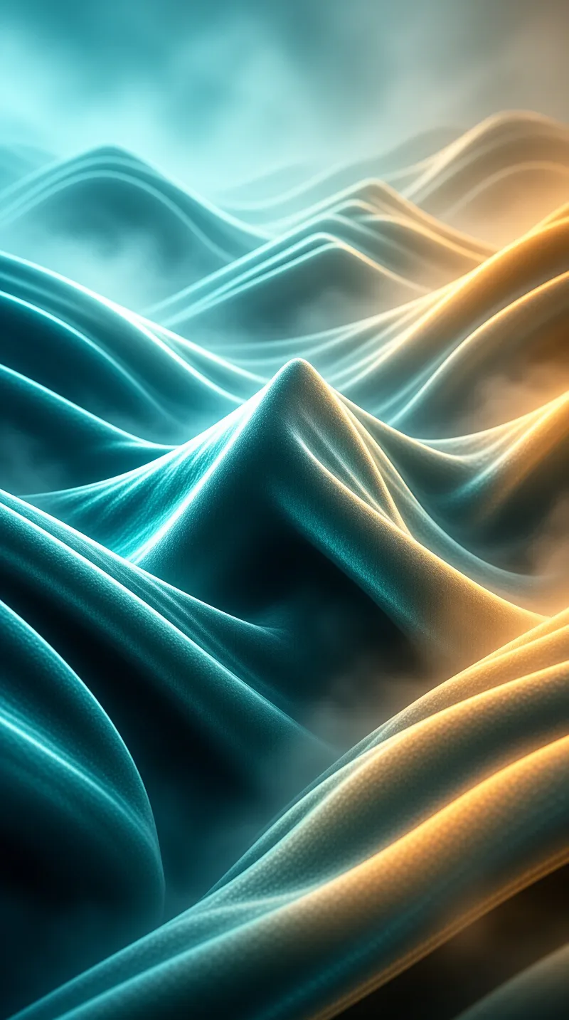 Smooth teal silk folds ripple across the frame while warm golden light highlights the right side.