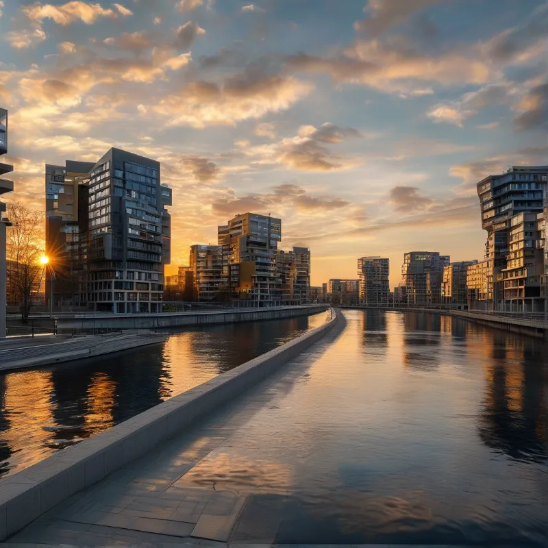 High-rise buildings line a calm canal during sunset with warm orange hues reflecting on the water surface.