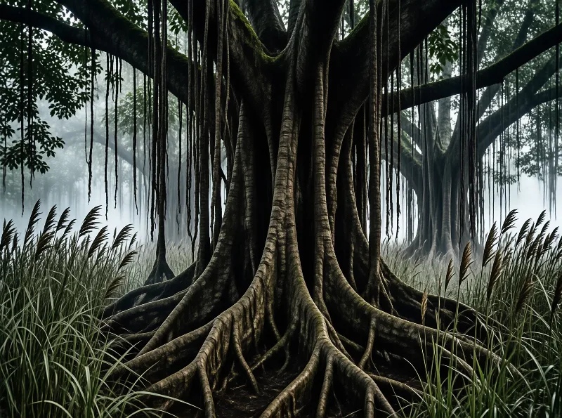 Massive wooden buttresses arch over tall grasses in a foggy forest environment with hanging aerial roots.