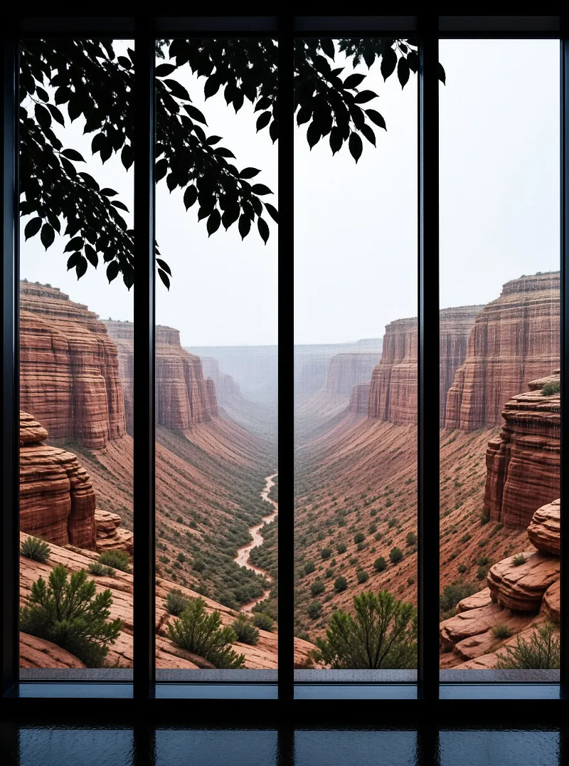 Overhanging leaves frame a window view of a red canyon where a river winds through steep cliffs under diffuse light.