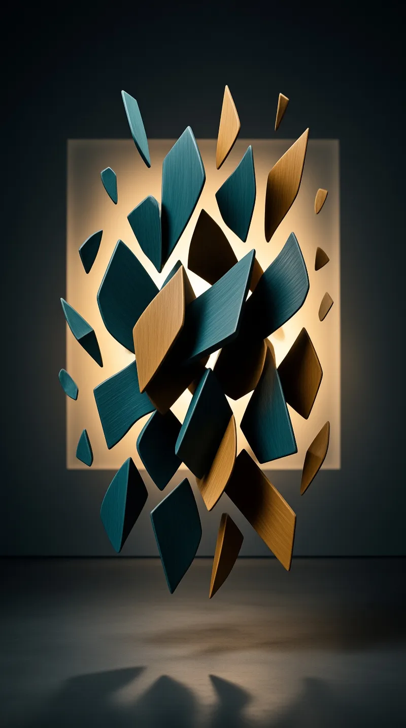 A cluster of floating angular pieces in teal and warm gold tones hovers before an illuminated rectangular surface, casting soft shadows on the floor below.