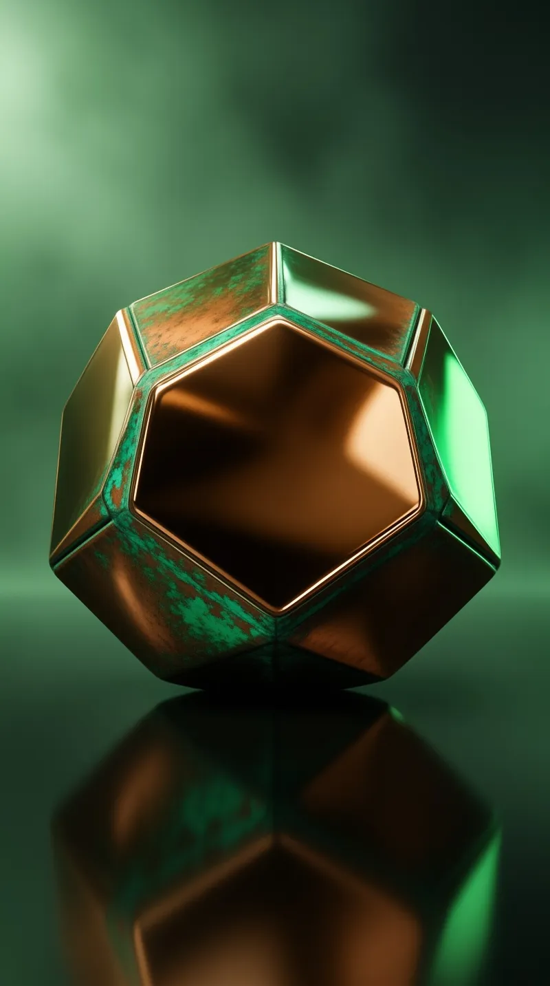 A copper geometric solid with verdigris edges sits on a glossy dark green surface with soft green light