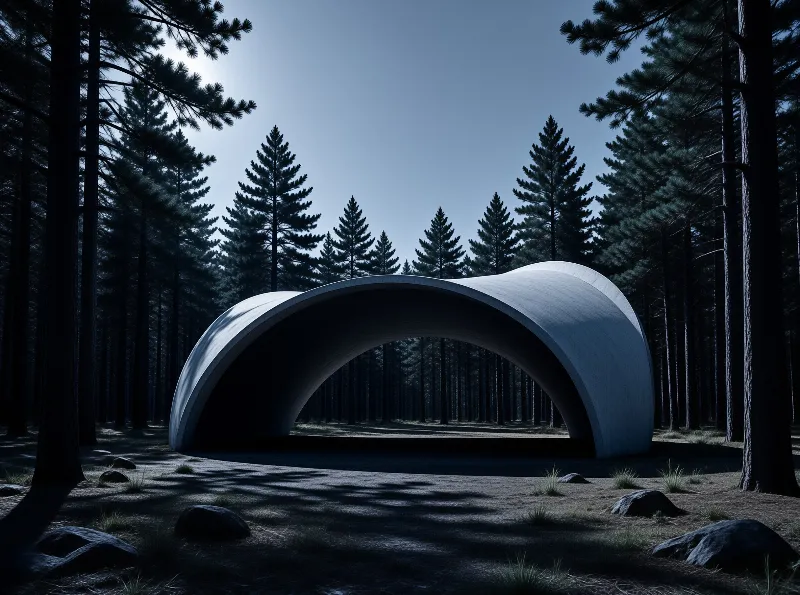 A large white curved structure sits amidst tall pine trees during the blue hour with shadows cast on the ground.