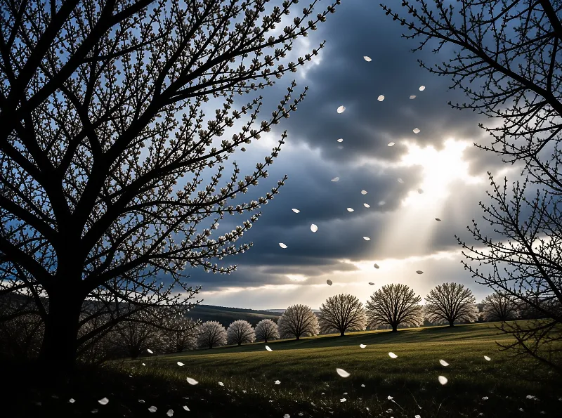 Silhouetted branches frame a rolling green hill lined with white blossoms while petals drift through the air beneath a dramatic sky where sunlight breaks through heavy clouds.