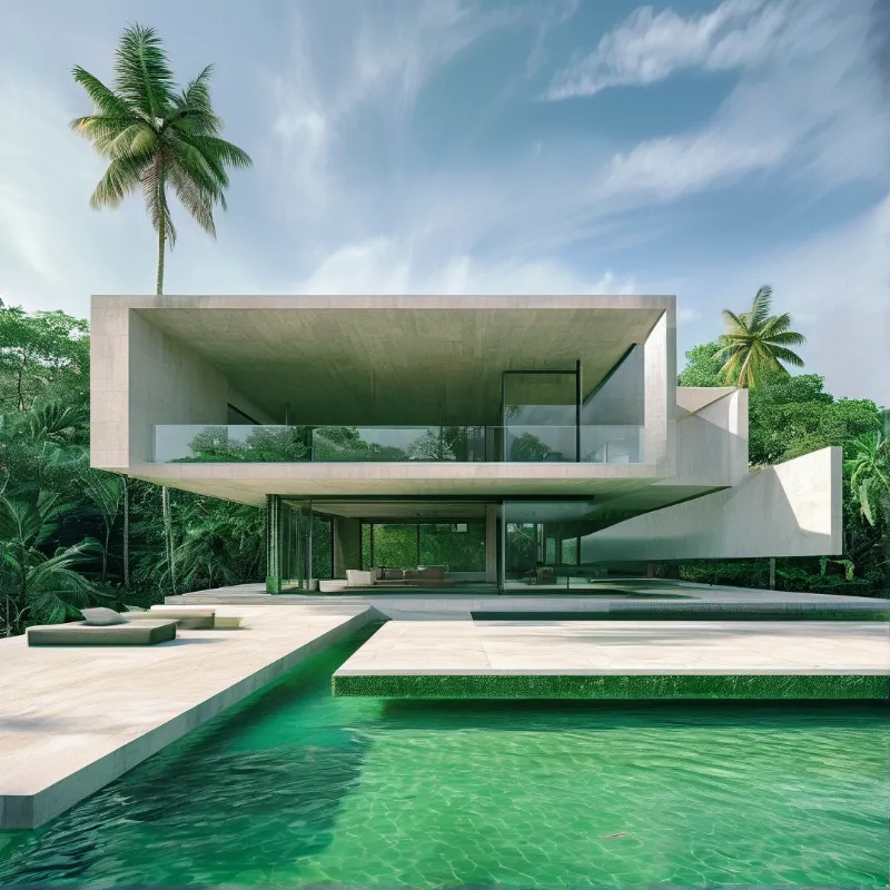 Bright sunlight illuminates a concrete house with a large overhang and glass walls next to a pool surrounded by palm trees.