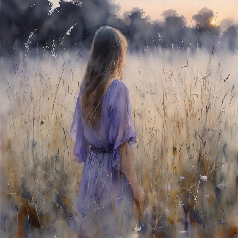 A woman with long hair wearing a purple dress stands amidst tall dry grass while looking toward a misty forest at dusk.