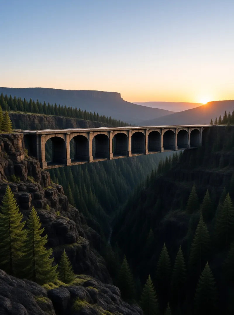 A massive concrete bridge with arched supports crosses a dark evergreen valley while a bright sunset illuminates distant mountain ridges