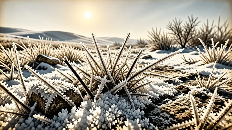 Dark grass stems heavily coated in white frost stand against a background of snow covered hills and bare trees under a bright low sun.