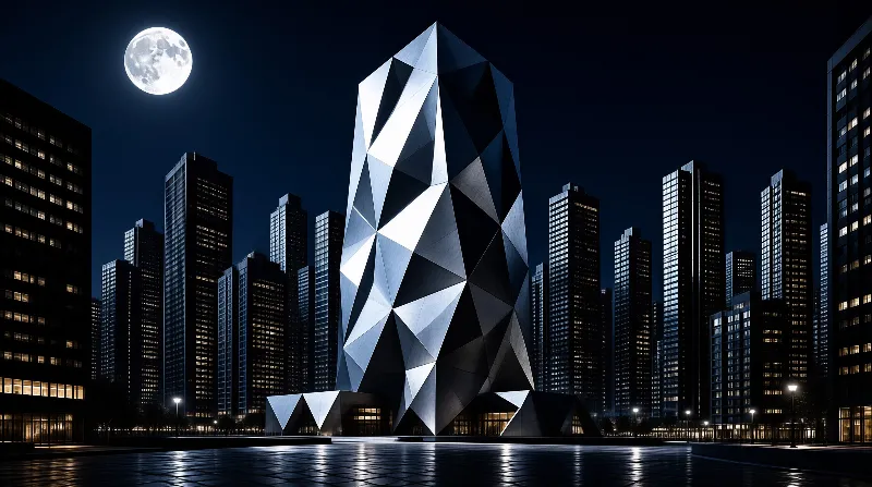 Futuristic geometric building illuminated at night with a full moon visible in the dark blue sky.