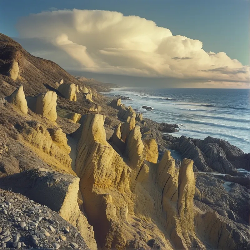 Tall yellow rock formations stand along a rocky shore beside blue ocean waters under bright white clouds.