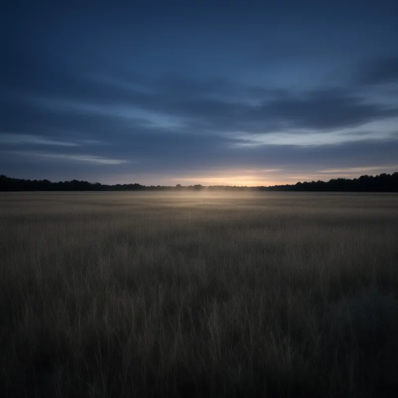 A vast field of dry grass stretches toward a distant treeline, bathed in the warm glow of the setting sun.