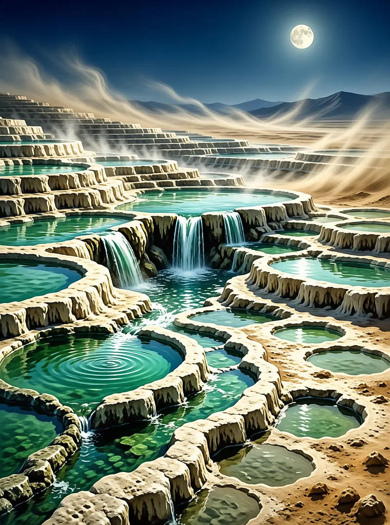 White mineral terraces filled with turquoise water cascade beneath a bright full moon and swirling mist at night.