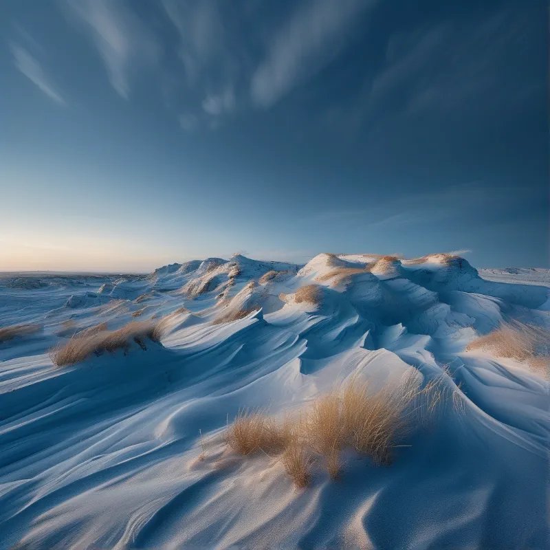 Snowy landscape features rolling dunes topped with clumps of dry brown grass under a clear blue sky with wispy clouds.