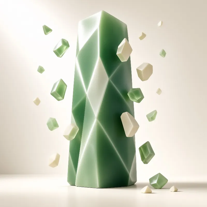Tall faceted green pillar in cream studio amid floating green and white crystals under soft light