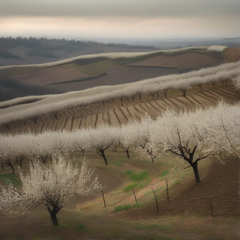Rows of white flowering trees snake across rolling hills with brown and green fields under a hazy overcast sky.