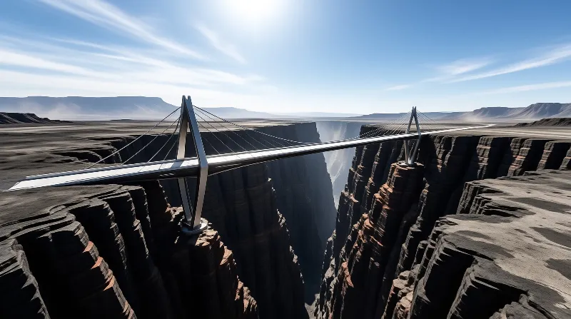 A modern cable-stayed bridge stretches across a deep arid canyon with layered rock cliffs under a clear sunlit blue sky with wispy clouds.