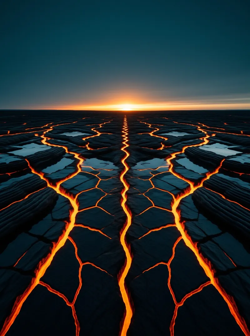 Branching orange fissures glow across cracked lava ground while the sun sinks to a burning horizon.