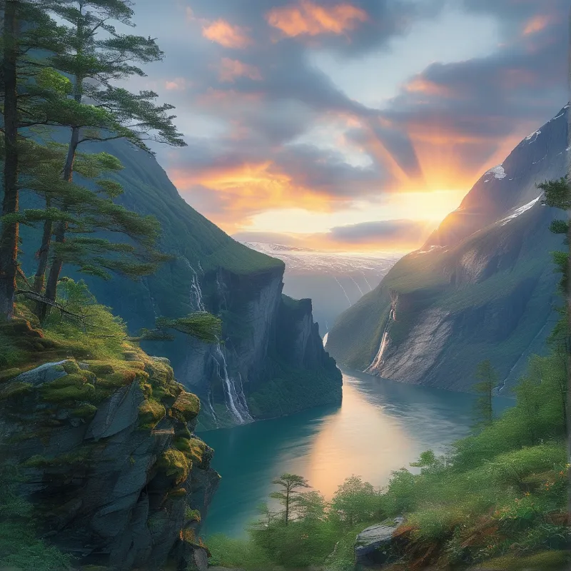 A narrow fjord with steep green cliffs and a waterfall reflects golden sunlight from a bright sky with sunbeams.