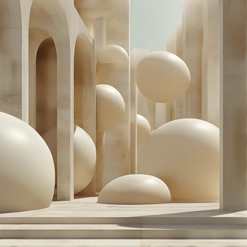 Beige spherical forms float within a colonnade of arched columns under soft lighting
