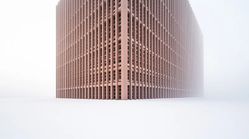 A vertical reddish-brown structure rises from a foggy white void, its repetitive pattern fading into the grey distance.