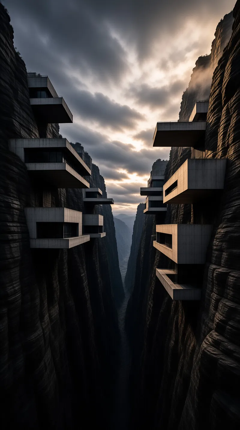 Concrete buildings protrude from steep canyon walls beneath a cloudy sky with breaks of sunlight.