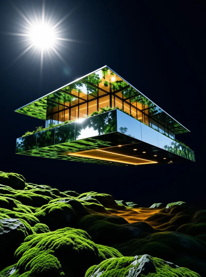 A futuristic glass structure hovers above green mossy rocks beneath a bright light source in the dark sky.