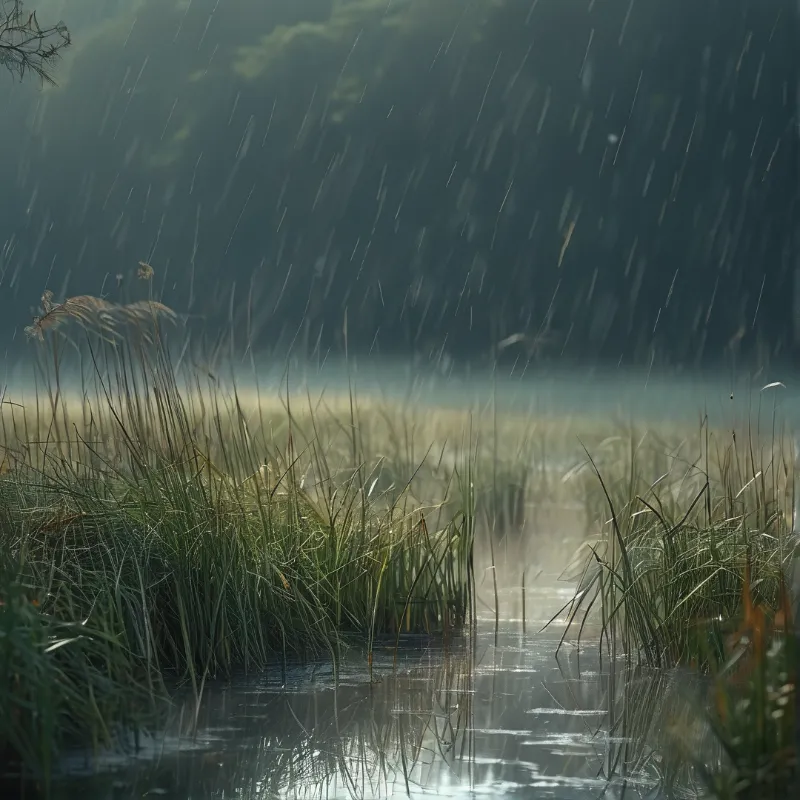 Tall green grasses bend under the weight of falling rain in a misty wetland scene with a dark forested background.