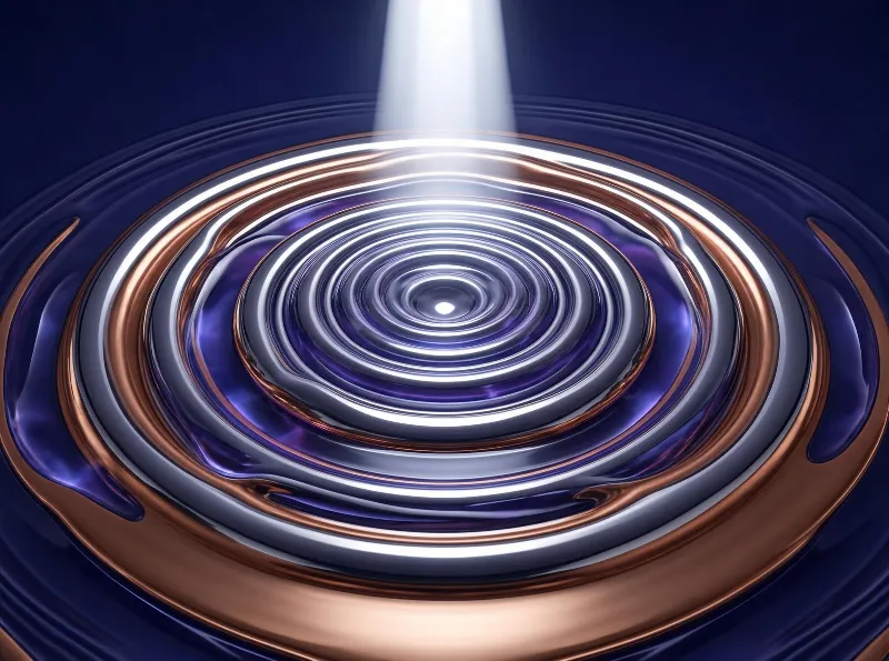 Concentric metallic ripples with copper and silver tones, illuminated by a bright light beam, on a dark blue background.