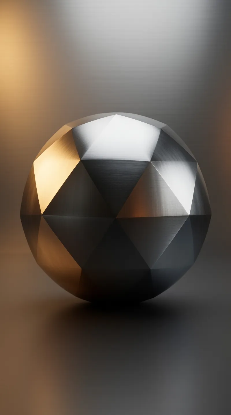 A geometric metal sphere with brushed textures resting on a smooth gradient background
