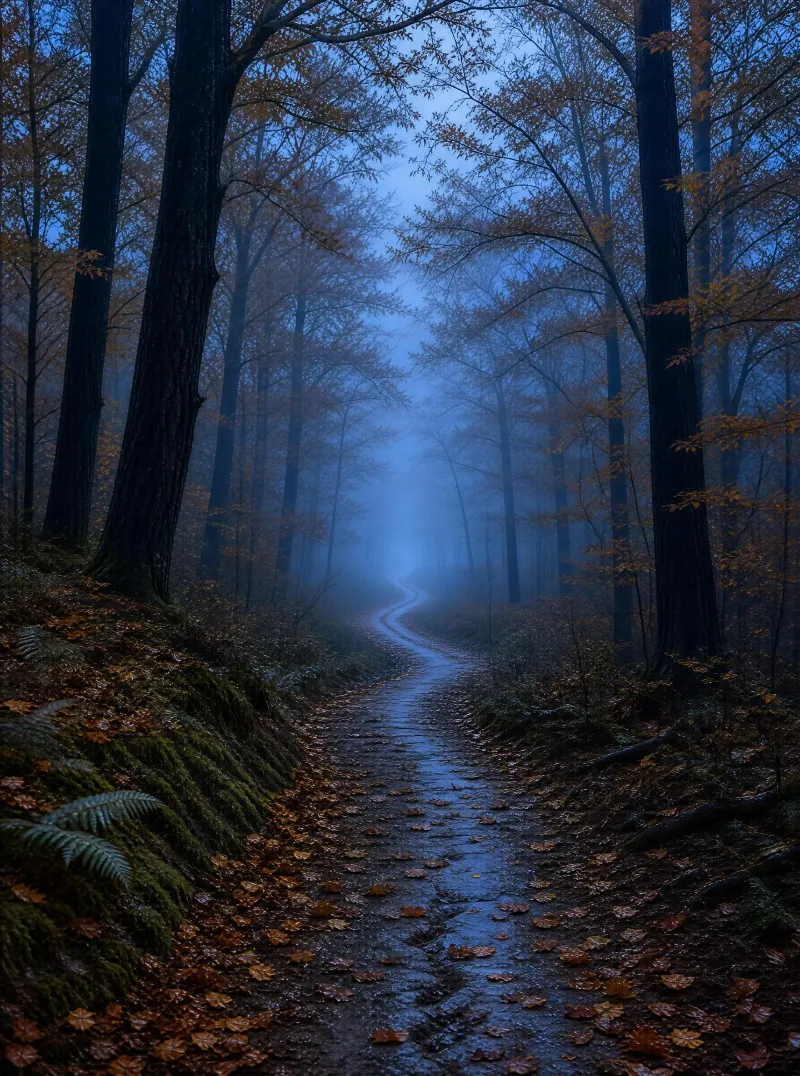 Misty Forest Path at Dusk