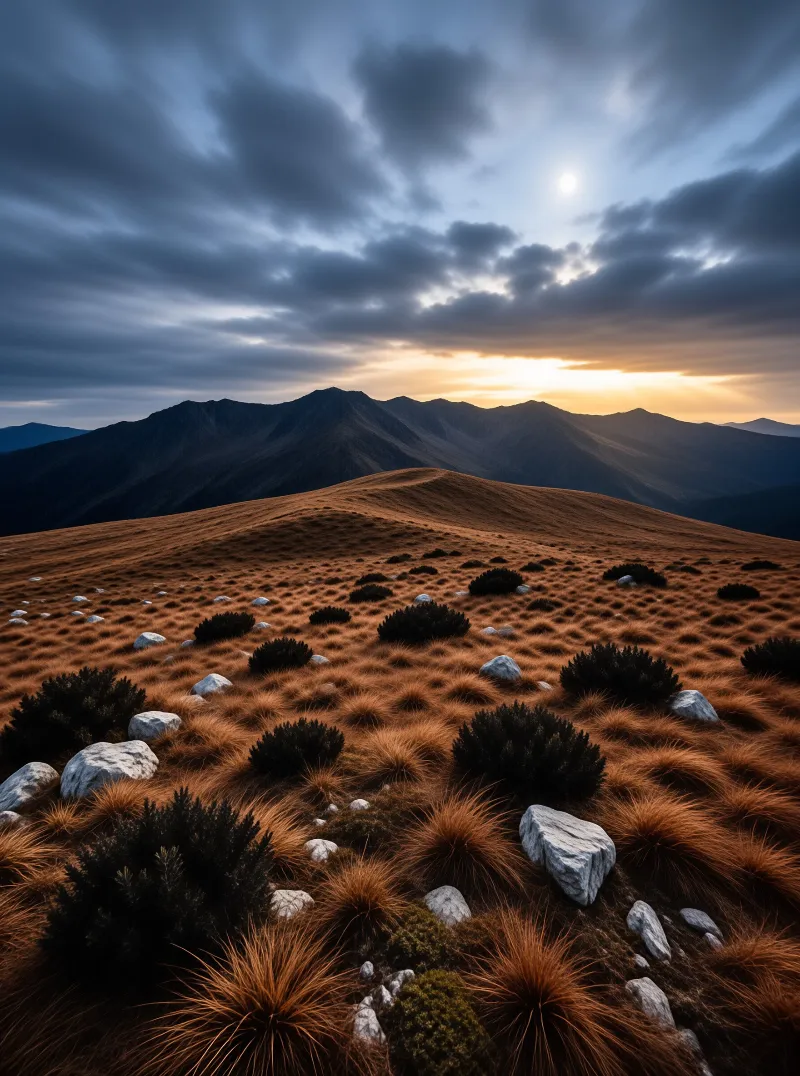 Tussock grasses and rocks cover a rolling alpine slope before distant mountains under a cloudy sky with breaking sunlight.