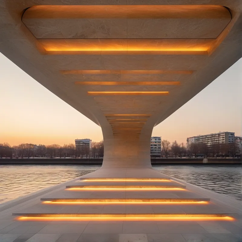 A curved concrete walkway features embedded amber lights reflecting on the surrounding river water during dusk.