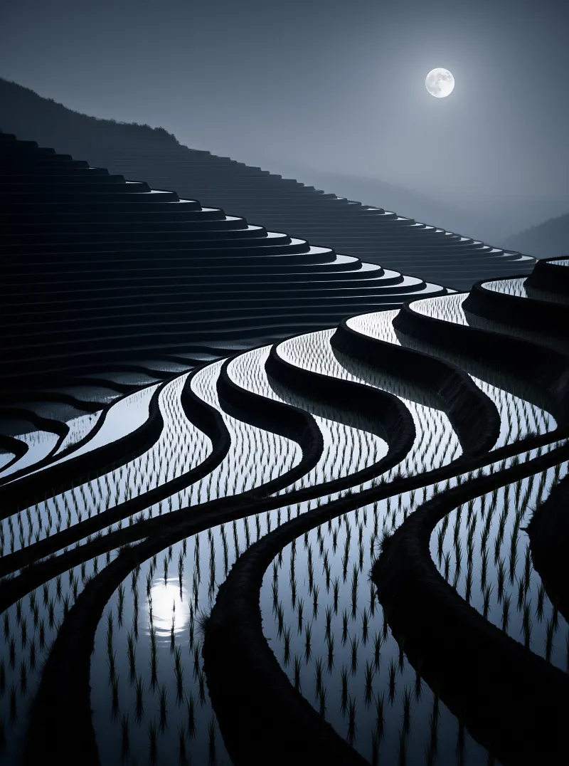 Flooded agricultural layers curve across the hillside mirroring a bright full moon suspended above foggy mountains.