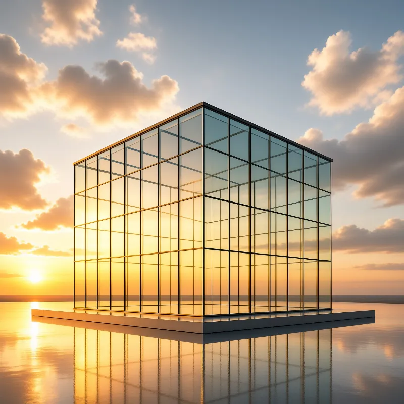 A transparent glass structure rests on calm water reflecting the warm orange sky at dusk.