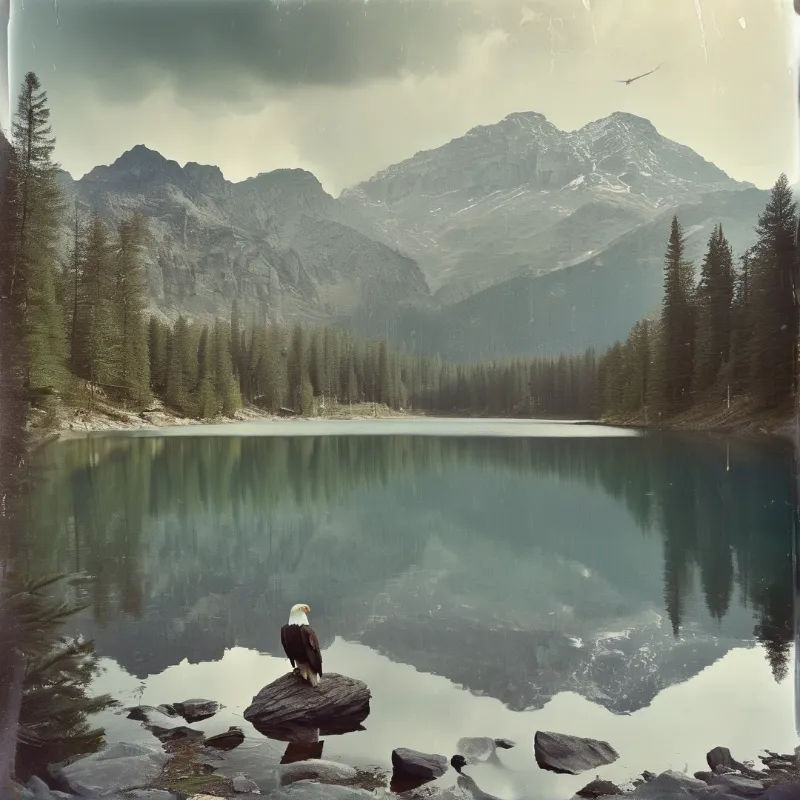 A bald eagle rests on a rock in a lake that mirrors the surrounding forest and rugged mountain peaks under a cloudy sky.