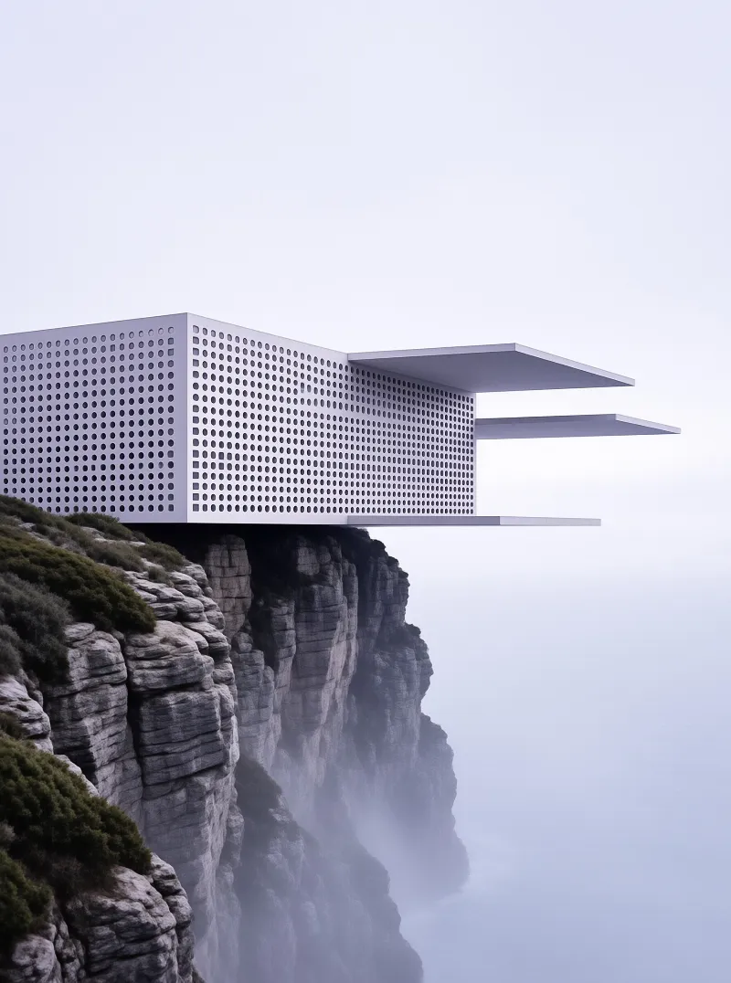 A light grey perforated cuboid home with cantilevered slabs perches on a steep fog-wrapped cliff face with low alpine bushes.