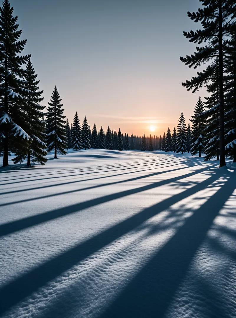 Tall evergreens frame a snowy field as the sun rises casting long shadows across the white ground.