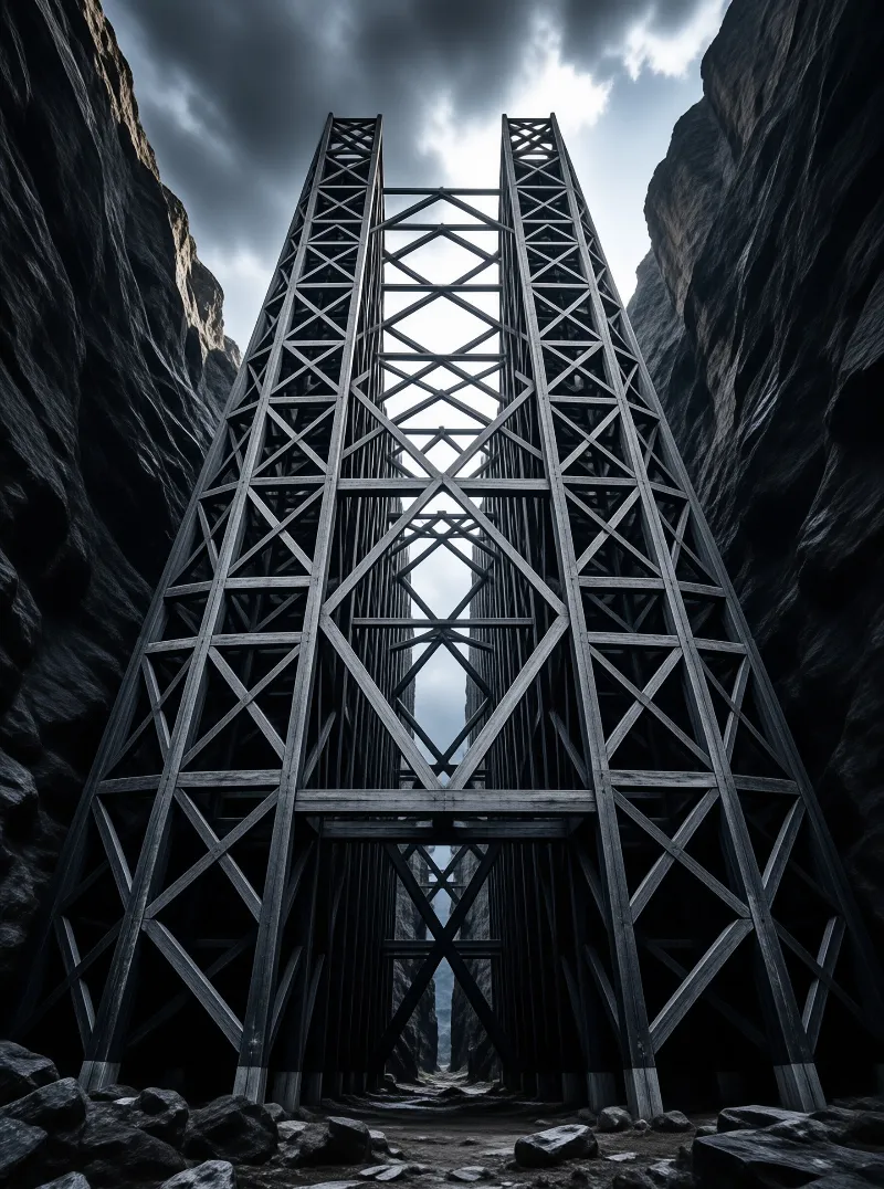 A towering wooden lattice framework stands between steep canyon walls under a cloudy sky.