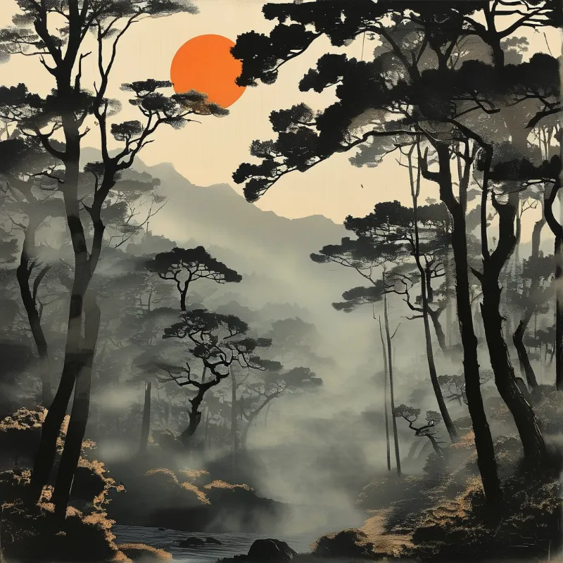 Silhouetted pine trees frame a foggy valley with a river at the bottom and a large orange sun in the sky.