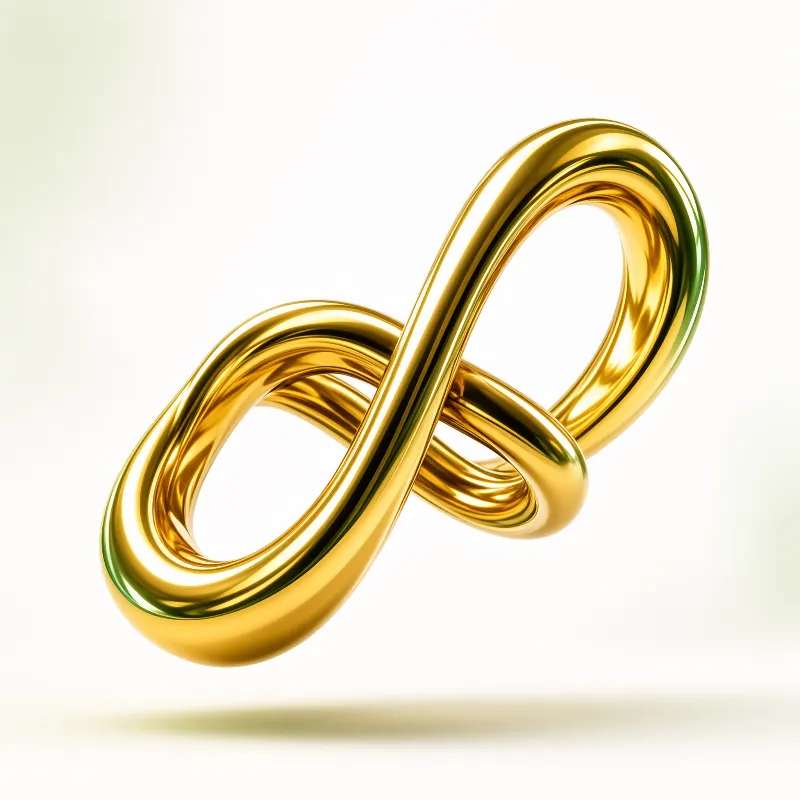A shiny golden infinity shape floats above a white surface, featuring smooth metallic curves and soft cast shadows.